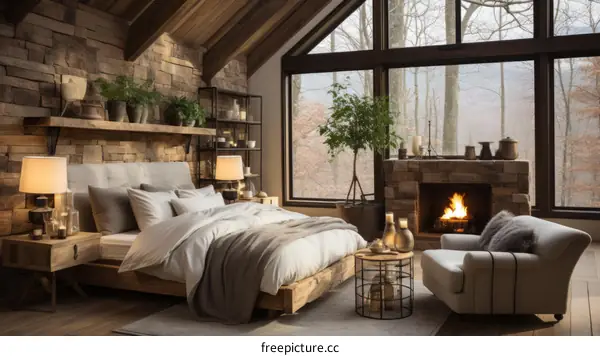 Cozy bedroom with fireplace and large windows