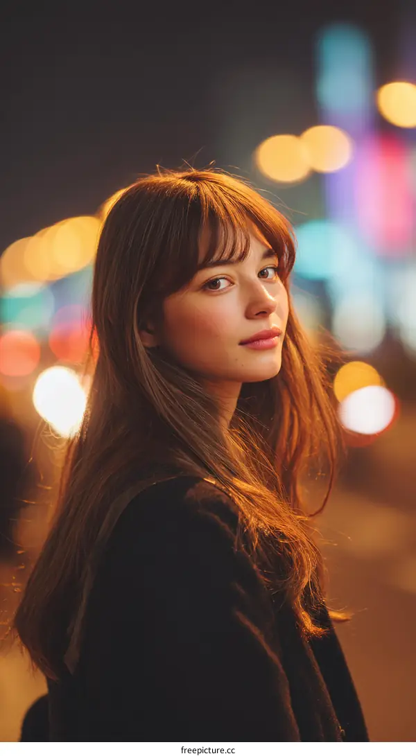A Young Woman with Long Hair Standing in Night City Street