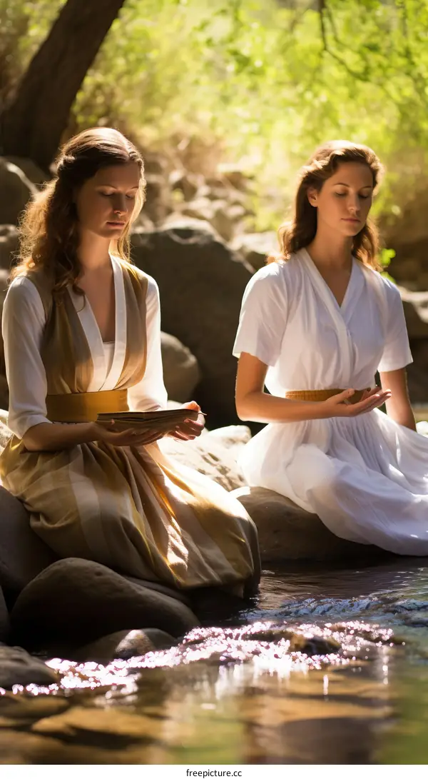 Two women in white dresses are sitting on rocks in a river and meditating