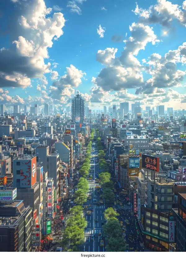 Aerial View of a Japanese City Street with Trees