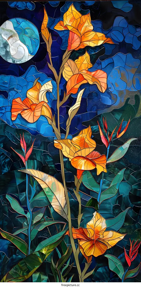Stained Glass Floral Art with Moon
