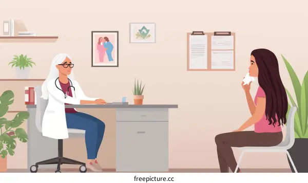 A female doctor is sitting at her desk talking to a female patient.