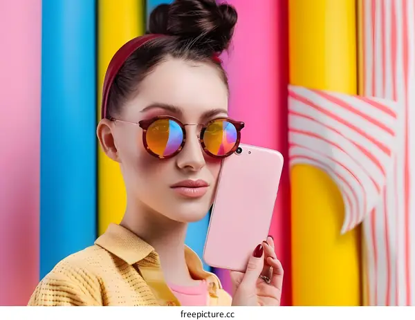 Woman in Sunglasses Holding a Smartphone in Front of Colorful Background