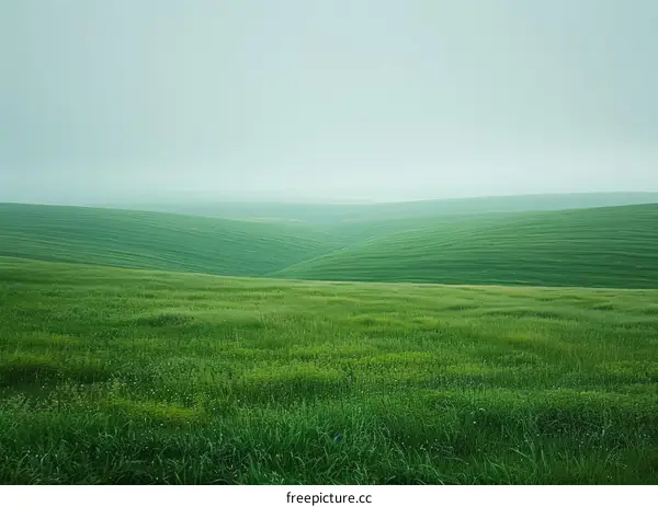 Green rolling hills stretch into the distance under a gray sky