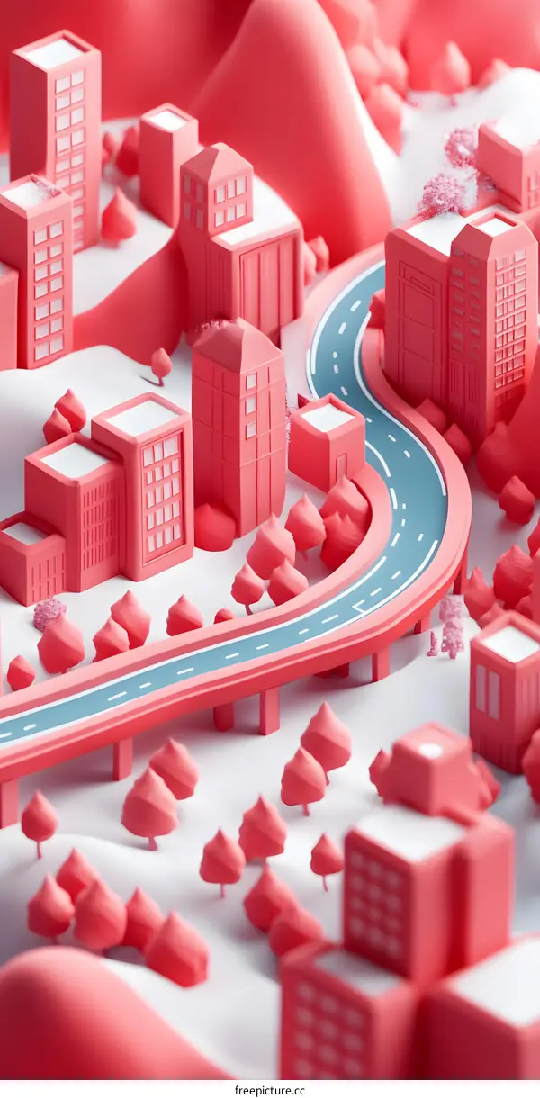 Pink Cityscape with Winding Road and Miniature Buildings