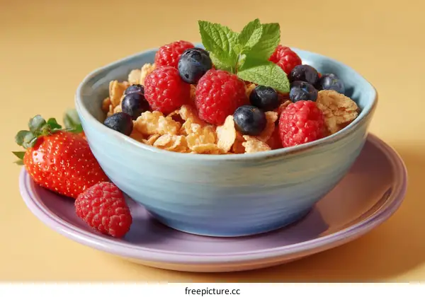 Colorful Cereal Bowl with Berries and Mint