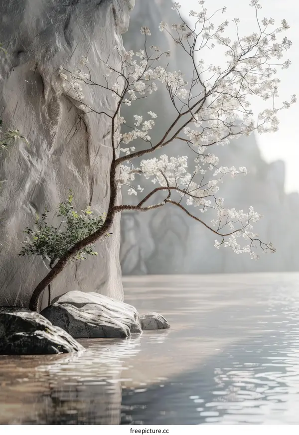 Calm Spring River Scenery with Blossoming Trees