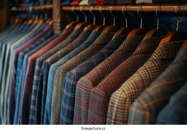 A variety of men's suit jackets are hanging on wooden hangers in a clothing store.