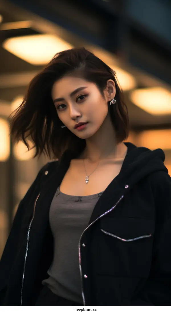 A portrait of a young Asian woman with short hair wearing a black jacket