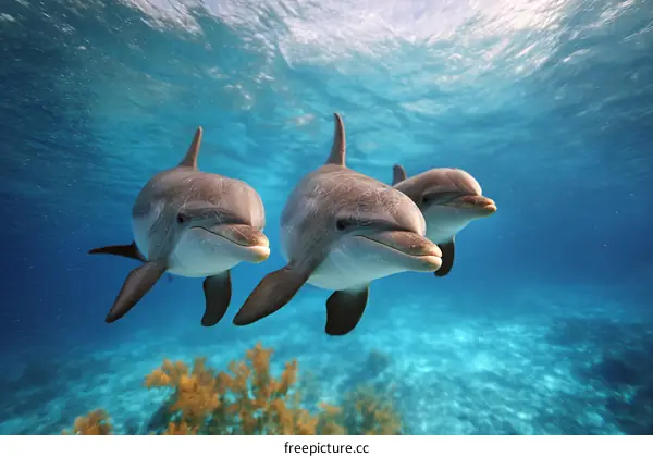 Three Dolphins in the Ocean Underwater
