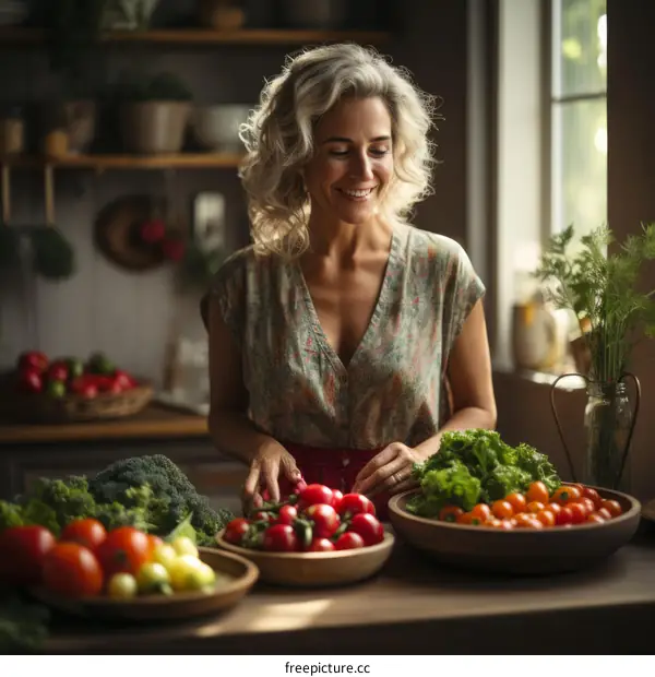 Happy woman preparing healthy food in the kitchen