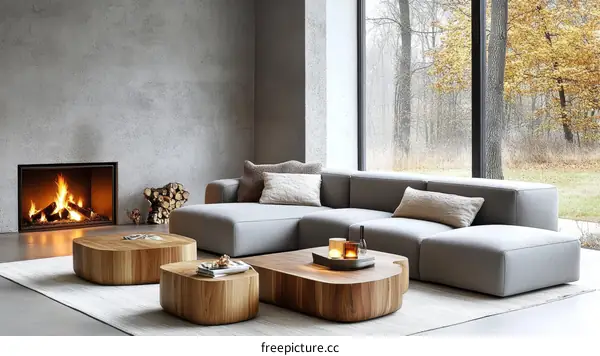 Modern Living Room with Wooden Coffee Tables and Sectional Sofa