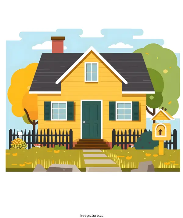 Yellow House with Green Door and Black Fence