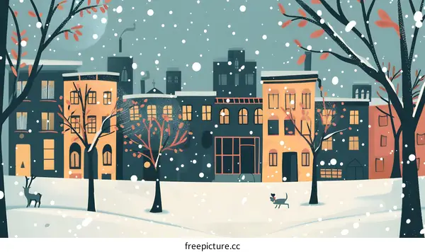 Snowy Winter Night In A Cityscape