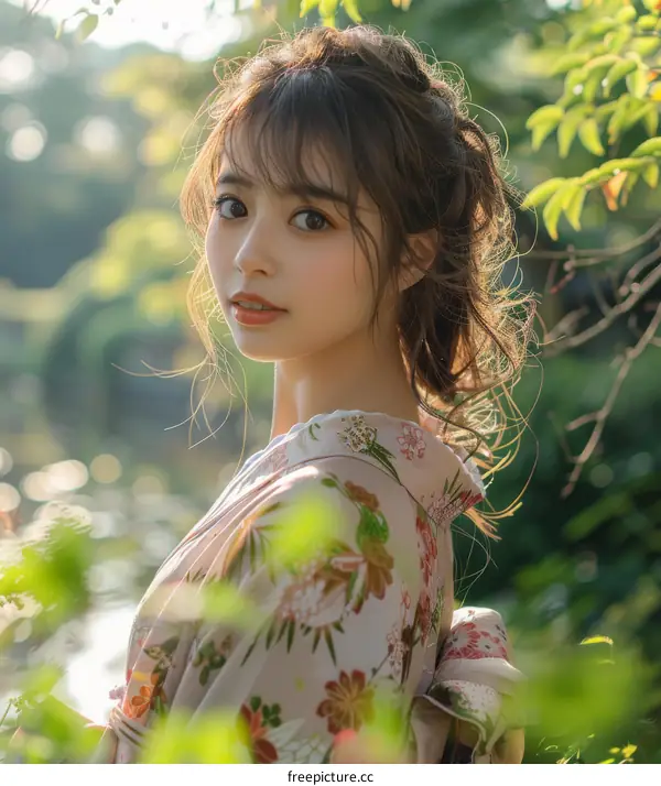 Asian Woman in Traditional Kimono Outdoors