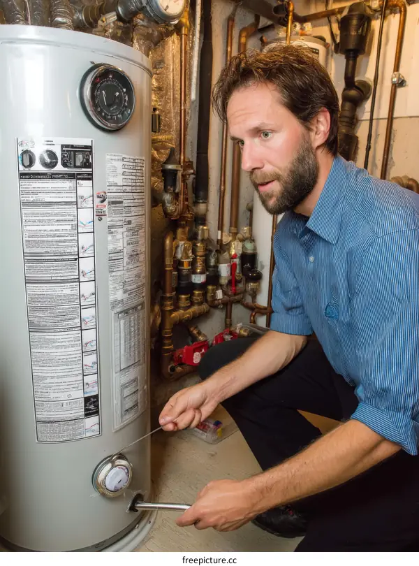 Technician Inspecting a Water Heater in a Basement