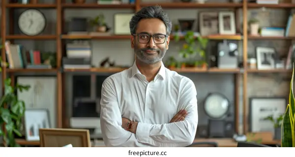 Portrait of a smiling Indian businessman standing in a modern office