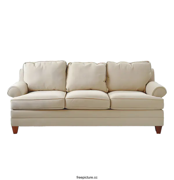 [Transparent Background PNG]Beige Sofa with Three Cushions on Light Gray Background
