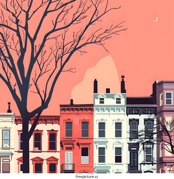 Silhouette Tree In Front Of Colorful Houses Illustration