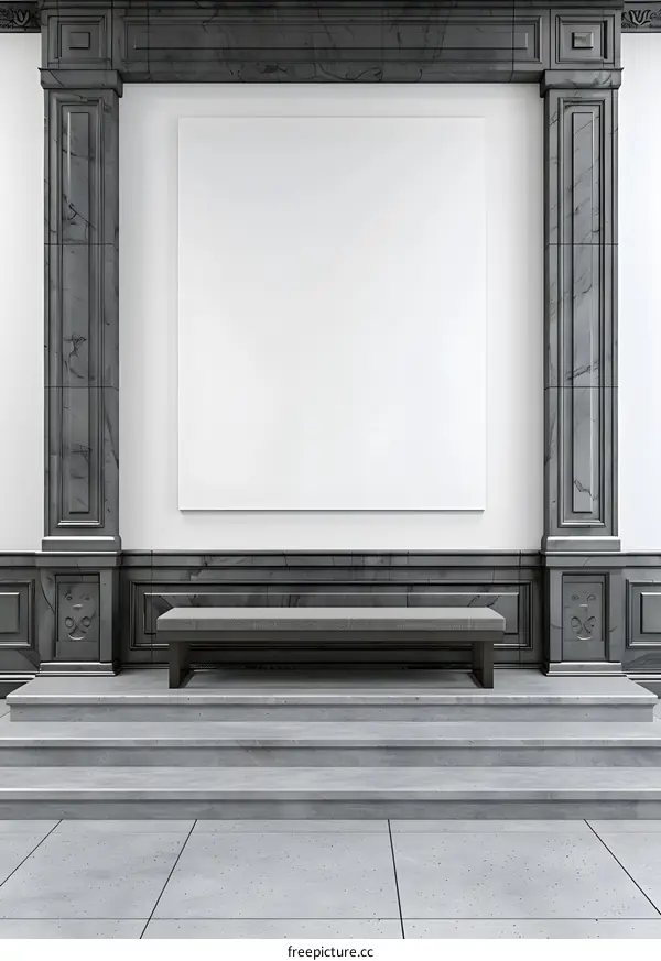 Modern Gallery with Black Marble Frame and Empty Canvas