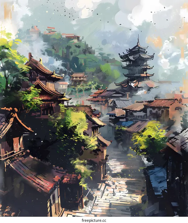 Chinese Village Watercolor Illustration