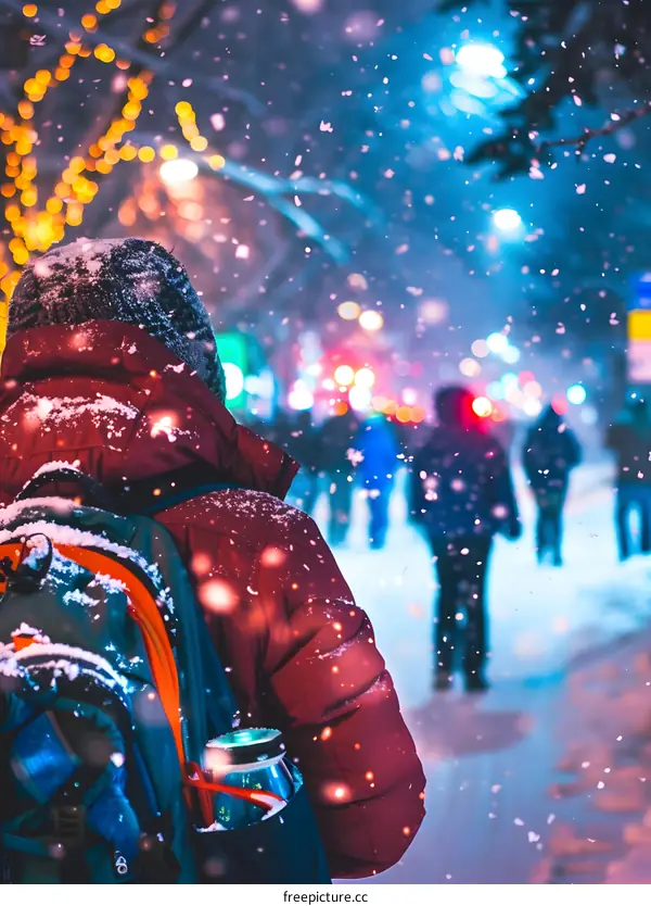 Person Walking Through Snowy Night in City