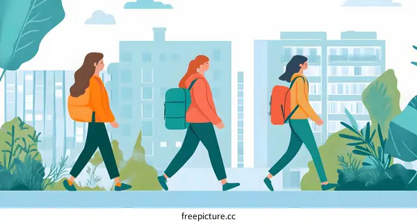 Three Female Students Walking in City with Backpacks