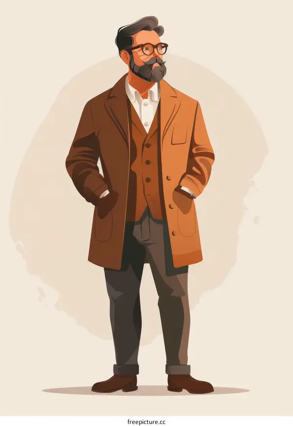 Confident man in brown coat and glasses