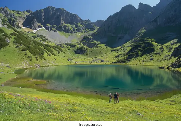 Three people standing on a lush green field near a mountain lake in the Austrian Alps