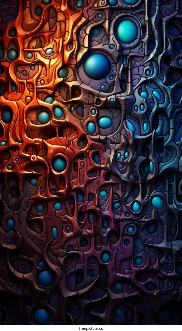 Blue and orange alien structure with blue glowing eyes