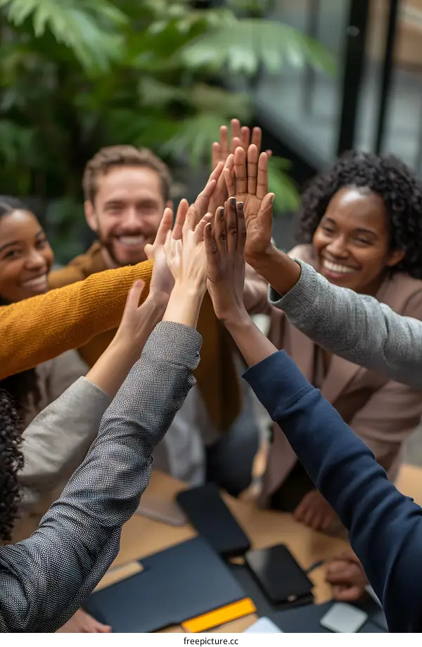 Diverse Group of People High Five in Celebration of Success