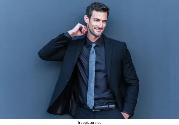 Businessman in Black Suit Against Gray Wall
