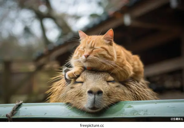 A ginger cat sleeping on the head of a capybara