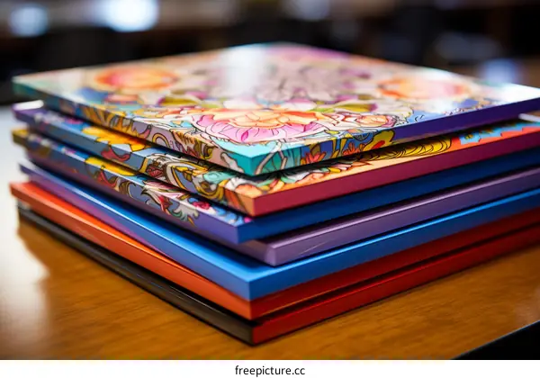A stack of five colorful books with floral designs on the cover