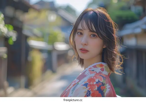 Asian Woman in Traditional Japanese Kimono Outdoor Portrait