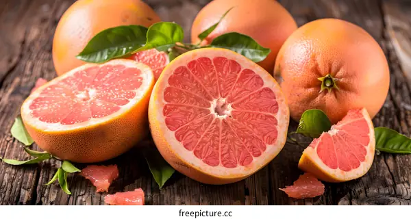 Freshly Cut Pink Grapefruit On Wooden Surface