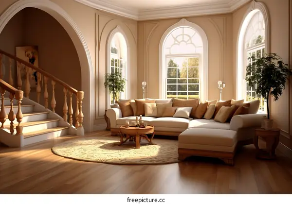 Bright living room interior with large windows and hardwood floors
