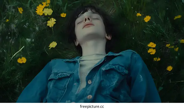 Young Boy Lying In Field Of Yellow Flowers