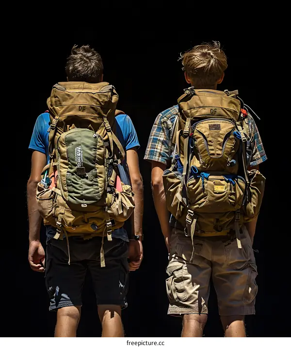 Two men with backpacks standing in front of a black background