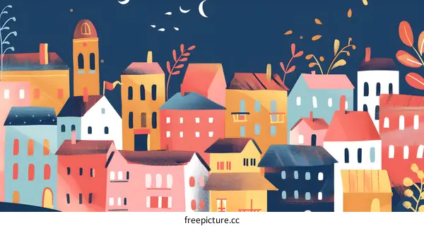 Colorful Illustration of a Small Town at Night