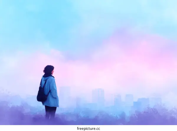 Pastel Cityscape with Woman