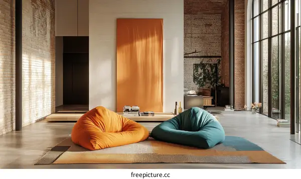 Modern Industrial Loft Living Room with Orange and Teal Beanbag Chairs