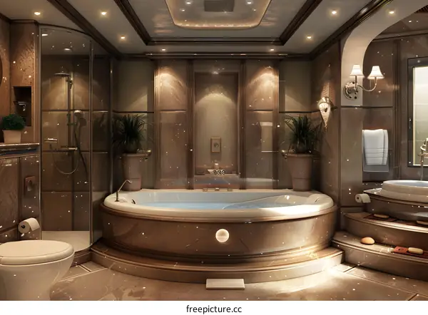 Bathroom with bathtub and shower in luxury yacht