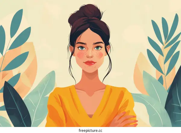 Portrait of a young woman with brown hair and freckles