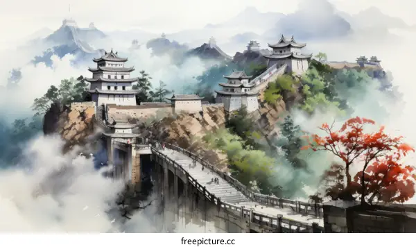 An illustration of a Chinese mountain fortress with a bridge