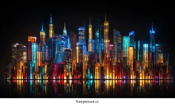 A beautiful cityscape of a modern city with skyscrapers made of glass and light at night