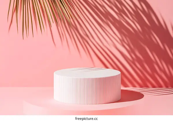 Minimalist White Pedestal Mockup With Palm Leaf Shadow On Pink Background