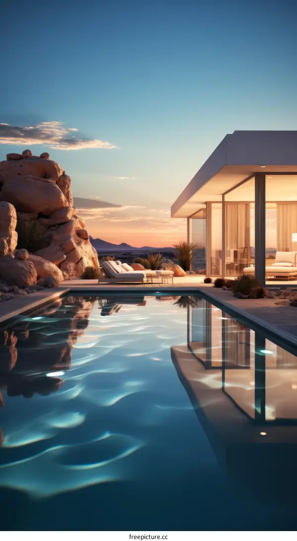Modernist house in the desert with pool at sunset