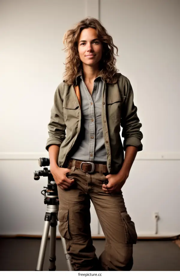 Portrait of a female wildlife photographer standing with her camera tripod