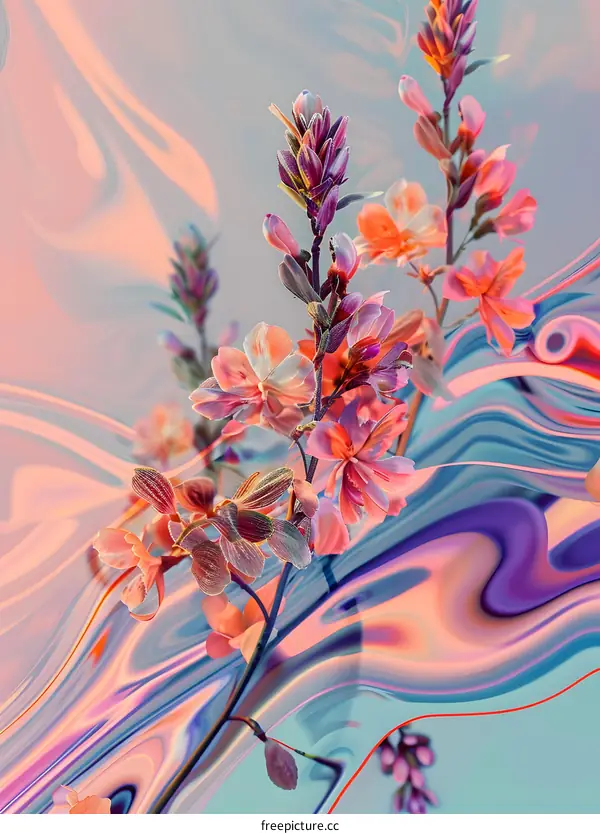 Abstract Floral Pattern with Pink and Orange Flowers on a Marble Background